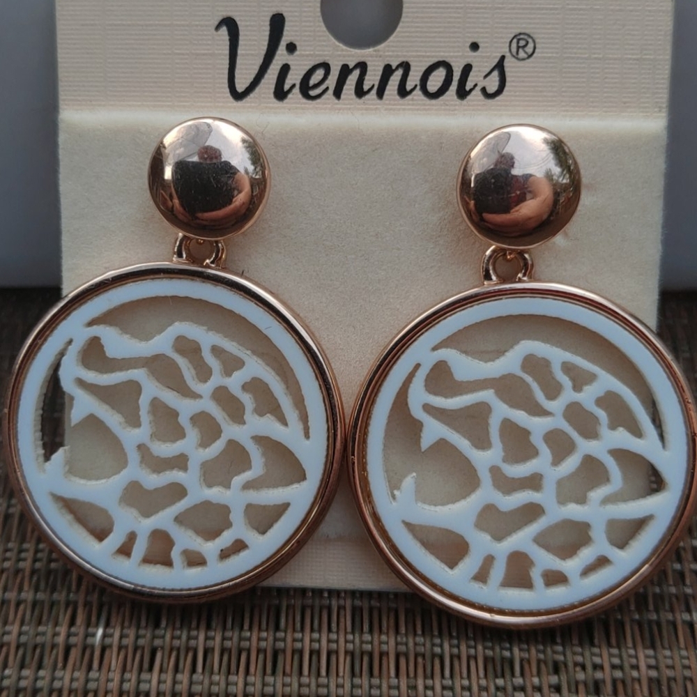 2/$10 or 4/$15 Gold Dangle Stud Earrings White Geo-Print